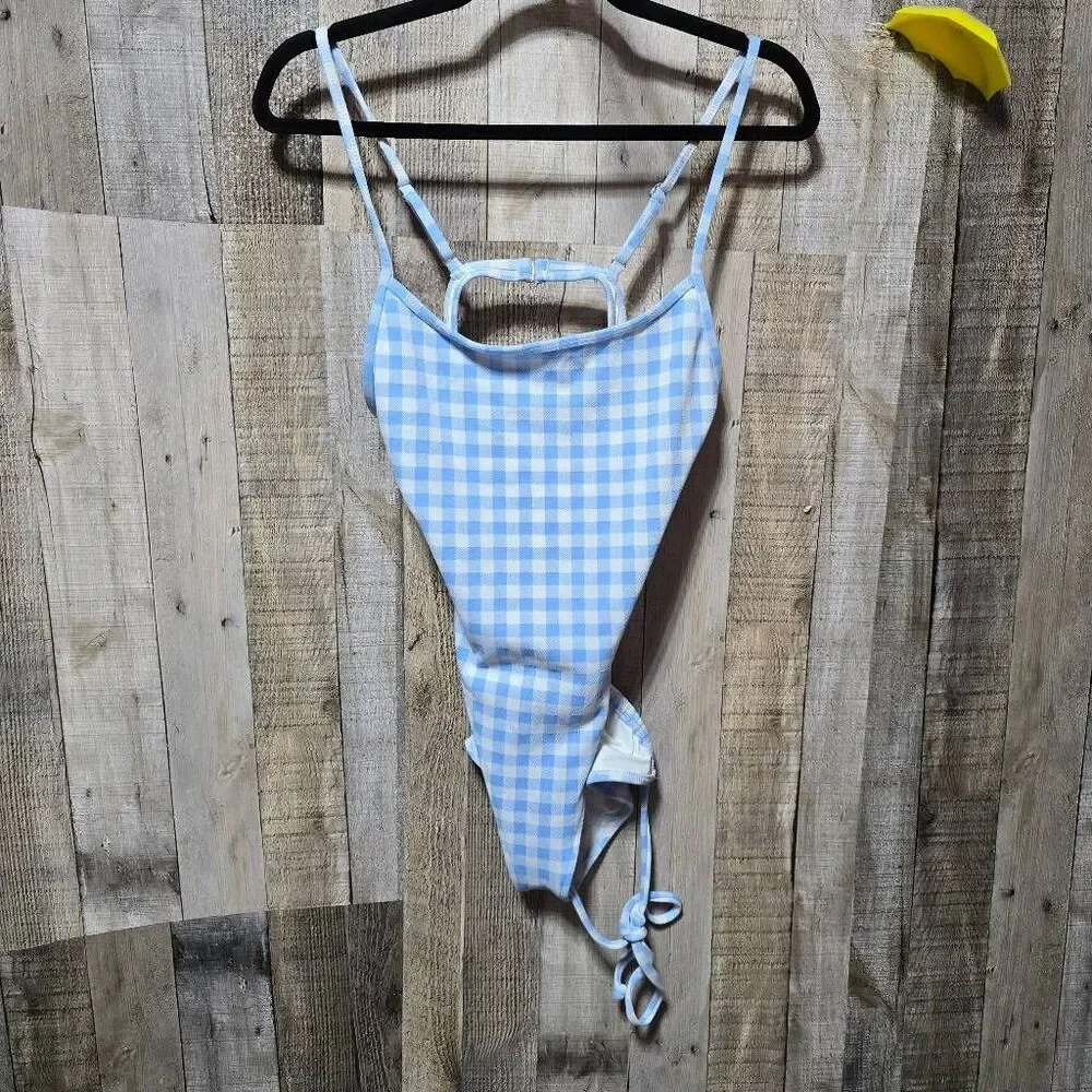 Frankie's Bikinis Blue Gingham Plaid One Piece Swimsuit NWOT XL Coquette Cruise